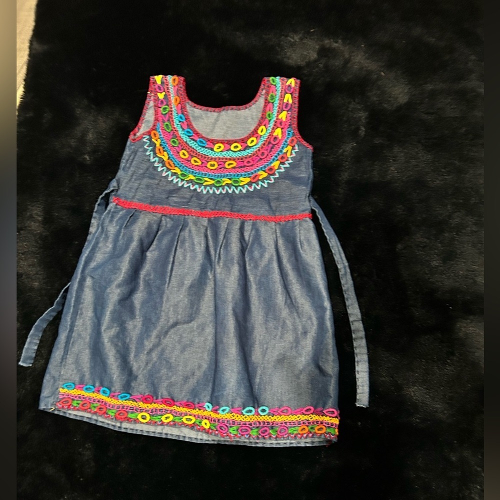 Girls Size 4 Denim Dress Colorful Embroidered Boho Sleeveless Tie Back